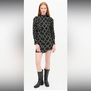 Ganni Black Mini Dress with Green Floral Lattice